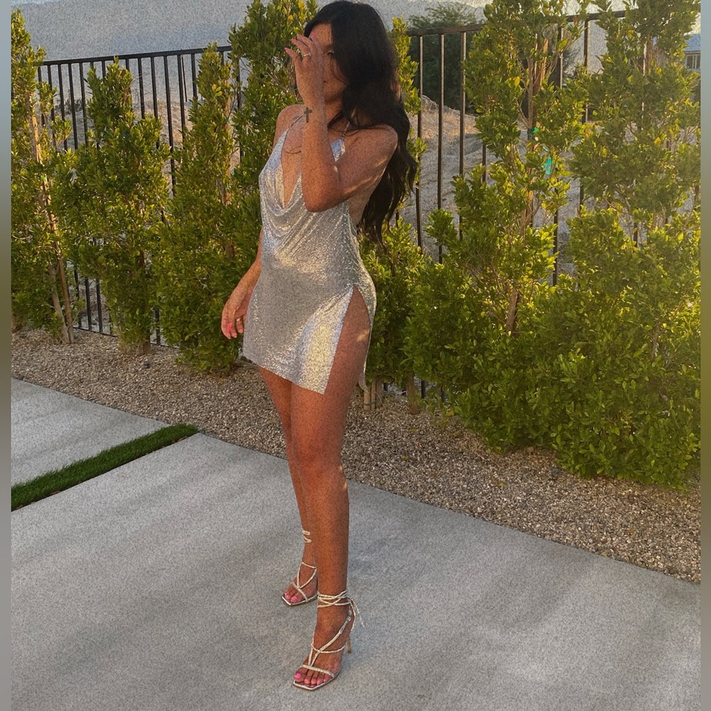 Showpo Silver Sequin Cowl Neck Mini Dress